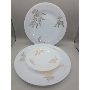 FEDERAL MILK GLASS 9" DINNER PLATES "GOLDEN GLORY" W/ 22k Gold Design Set Of 3